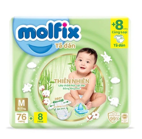 Tã-bỉm dán Molfix Thiên nhiên Super Jumbo M 76+8 miếng (cho bé 6-11kg)