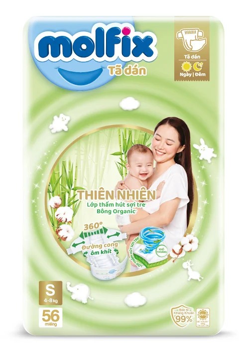 Tã-bỉm dán Molfix Thiên nhiên Jumbo size S 56 miếng (cho bé từ 4-8kg)