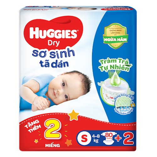 Tã dán sơ sinh Huggies Tràm Trà Gói 80 miếng + Tặng 2 miếng