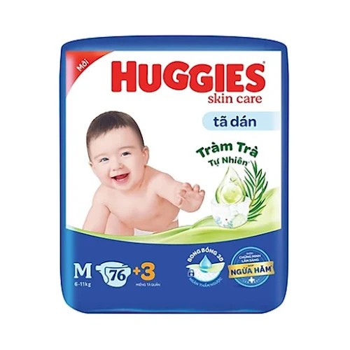 Tã dán Huggies Skincare Tràm Trà Tự Nhiên M76 Gói 76 miếng + Tặng 3 miếng