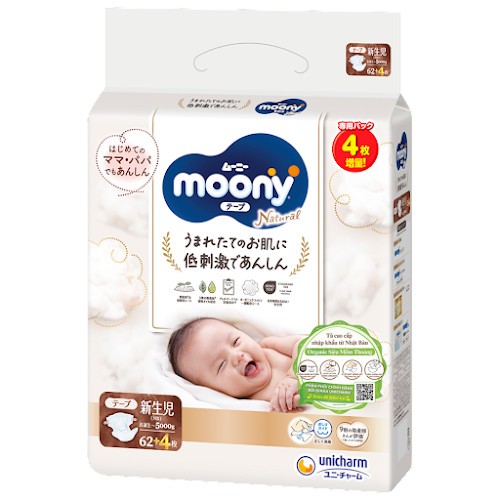 Tã-bỉm dán Moony Natural Bông Organic Newborn NB 62+4 miếng